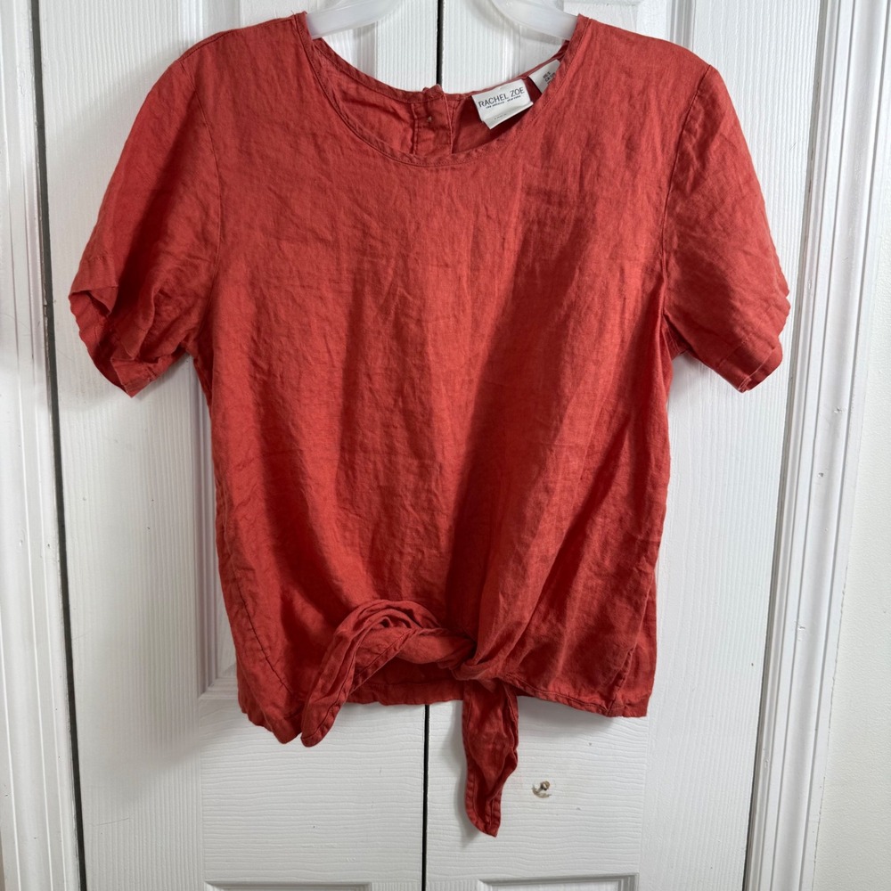 Rachel Zoe Linen Tie Front Top S Rust Orange Boho Cottagecore Summer Blouse